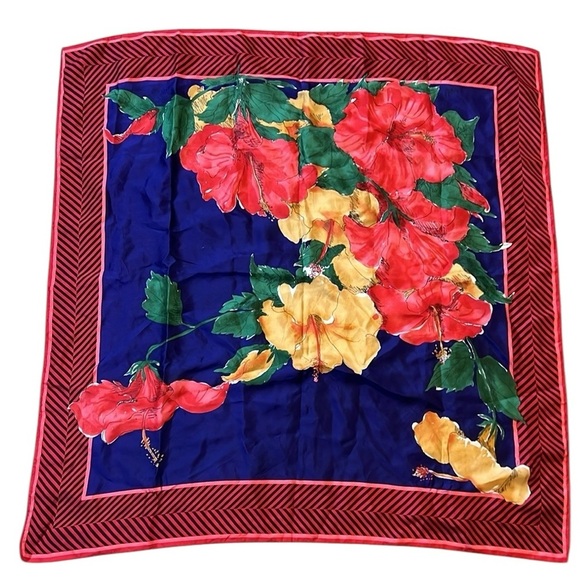 Vera 100% Silk Floral Scarf 30x30 Red/Navy/Yellow Hibiscus Tropical Print Bright - Picture 11 of 13